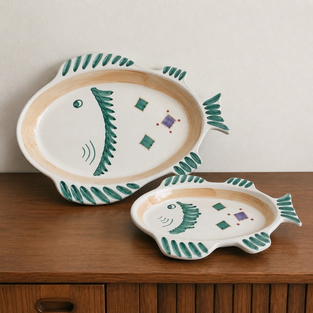 Hand-Painted Ceramic Fish Serving Platters - Green & Cream